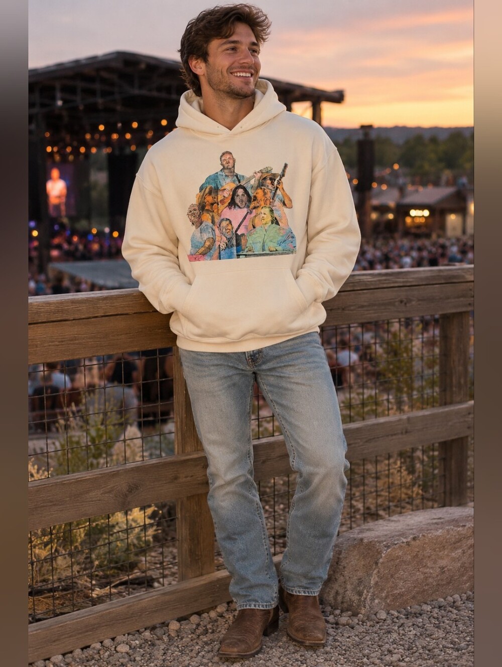 Zach Bryan Quittin’ Time Tour Graphic Hoodie Cream Size Large Unisex